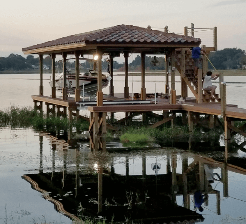 Photo of a covered boat dock with boat lift