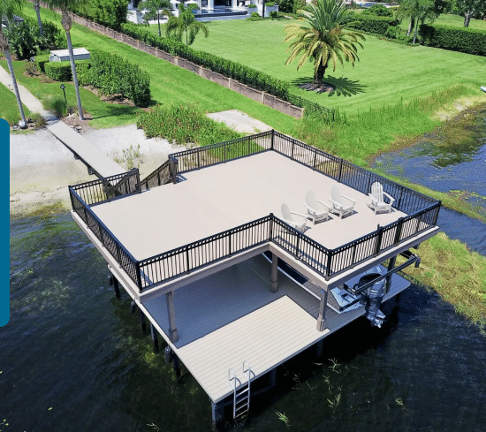Aerial view of a double-decker boat dock with an upper level deck