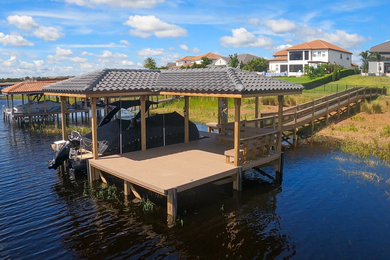 boat dock with tiled roof