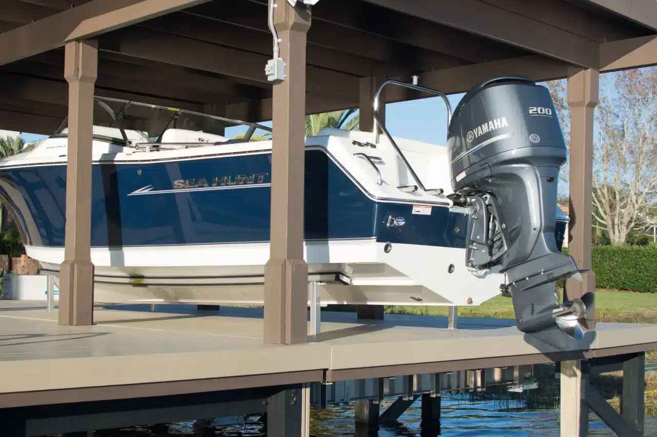 Photo of a boat dock and boat on a hydraulic lift
