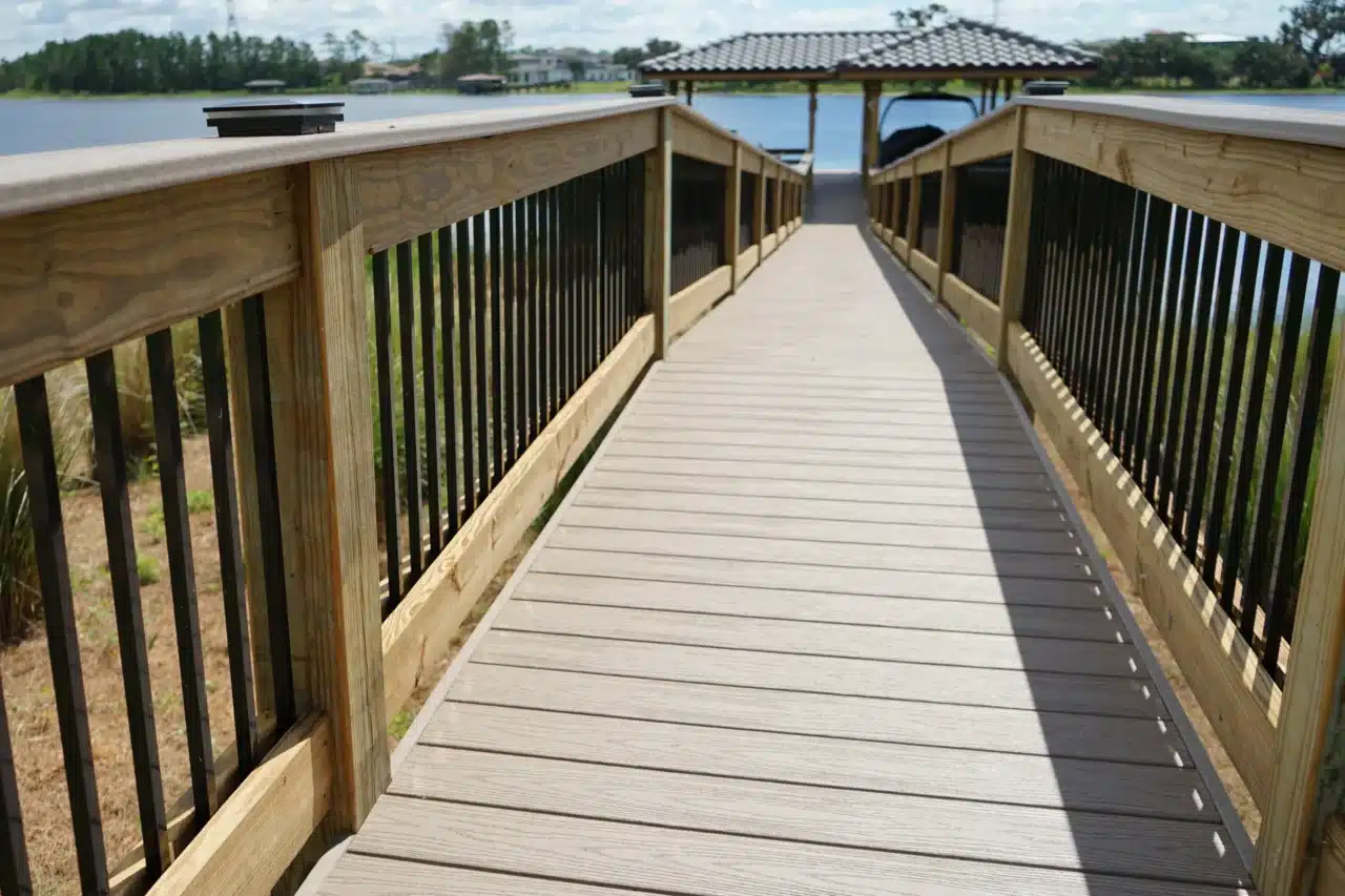 Photo of a walkway leading to covered boat dock