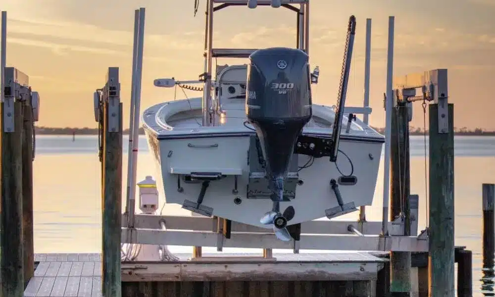 boat on a boat lift for a story about preparing a boat for a hurricane